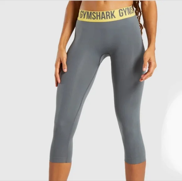 Gymshark Grey And Yellow Waistband Fit Cropped Leggings NWOT - Picture 2 of 9